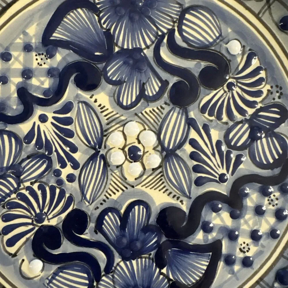 Vintage Mexican Floral Talavera 8”  Plate Blue White Puebla Mexico